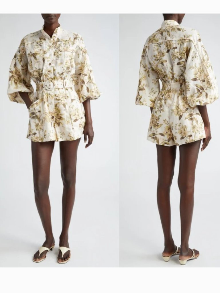 Zimmerman Golden Panelled Playsuit/Romper Floral Print Belted Long Sleeve Linen